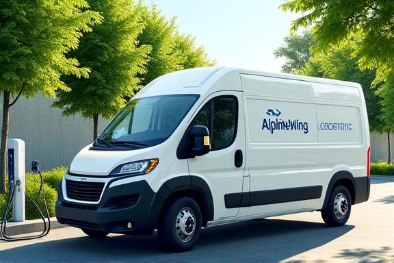Ein elektrischer Lieferwagen von AlpineWing Logistics an einer Ladestation mit grünen Bäumen im Hintergrund.